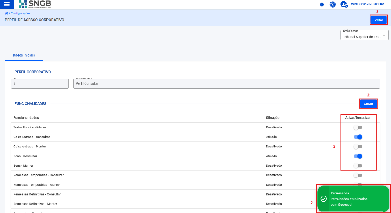 Figura 43 – Tela de ativação/ desativação de funcionalidades dos perfis. 