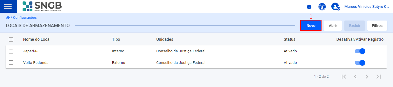 Figura 50 – Tela de listagem de inclusão de novo local de armazenamento.  Após iniciar um novo cadastro, o usuário deverá preencher as informações básicas sobre o local, sendo “Nome do local” e “Tipo externo ou interno” relacionada ao local a ser cadastrado, conforme representado pela figura 51.  