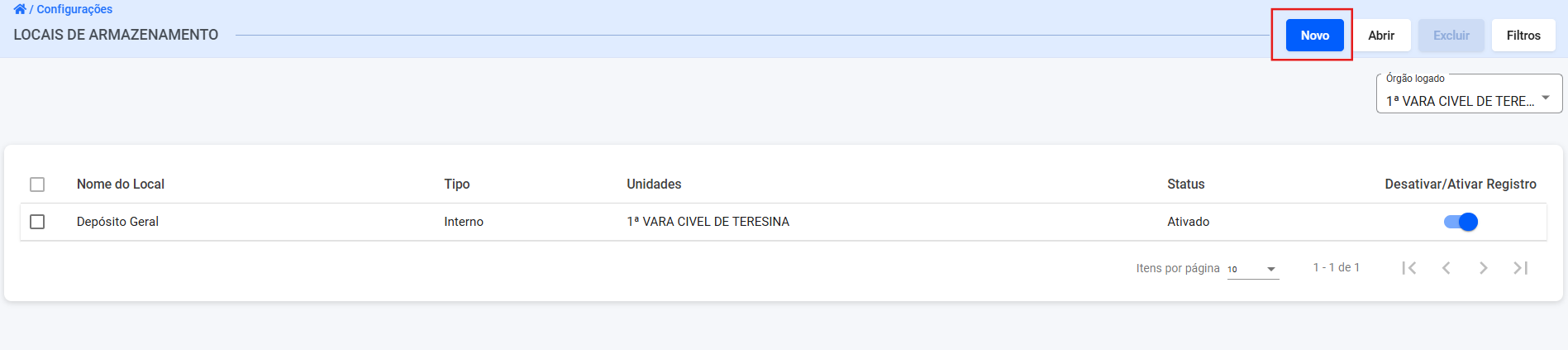 Figura 50 – Tela de listagem de inclusão de novo local de armazenamento.