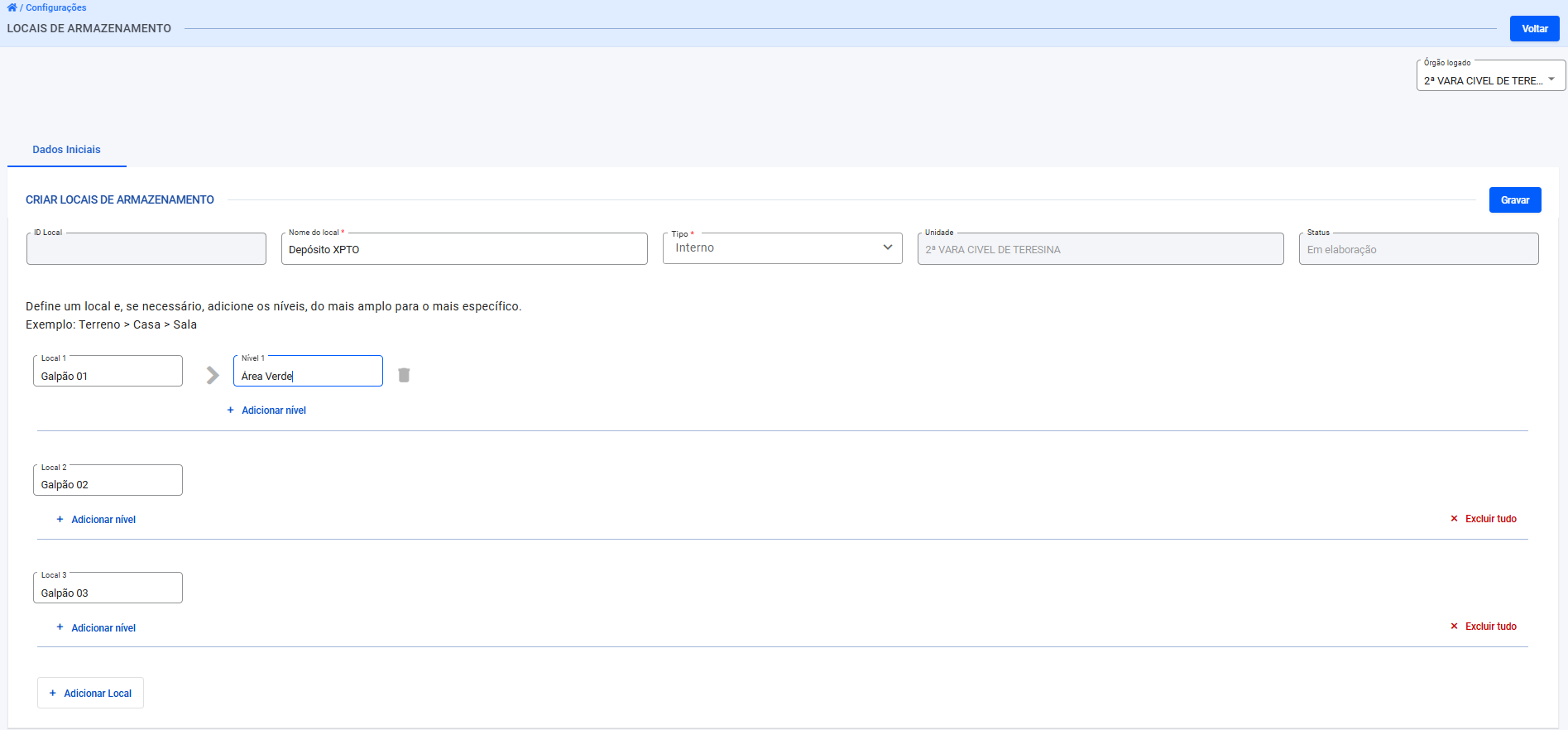 Figura 51 – Tela para preenchimento de informações durante cadastro de locais de armazenamento.