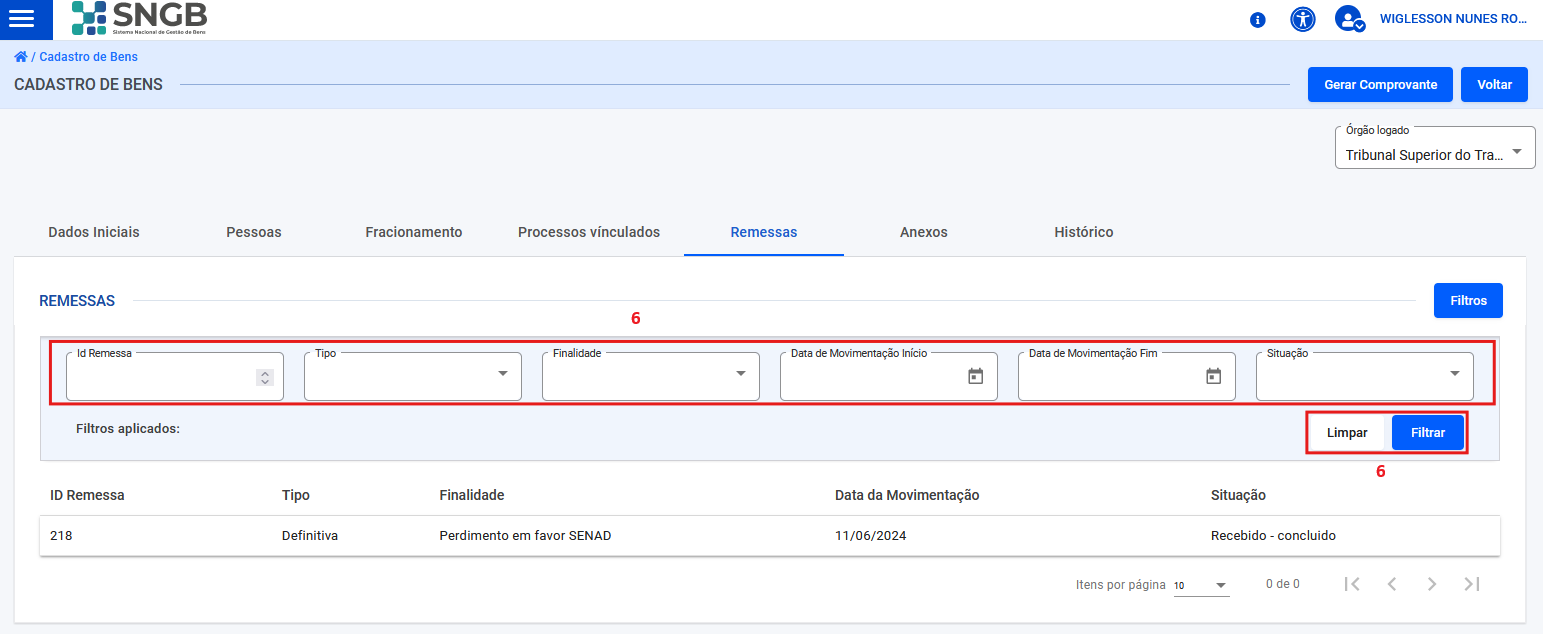 Figura 75 – Tela de consulta e histórico de remessas por filtros.  