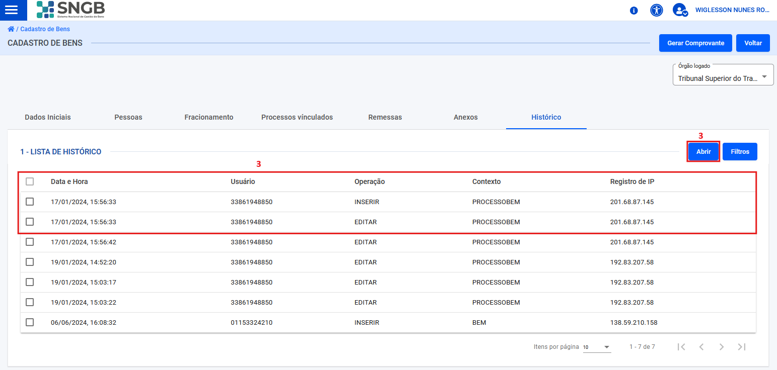 Figura 80 – Tela para verificação de atividades registradas em histórico. 