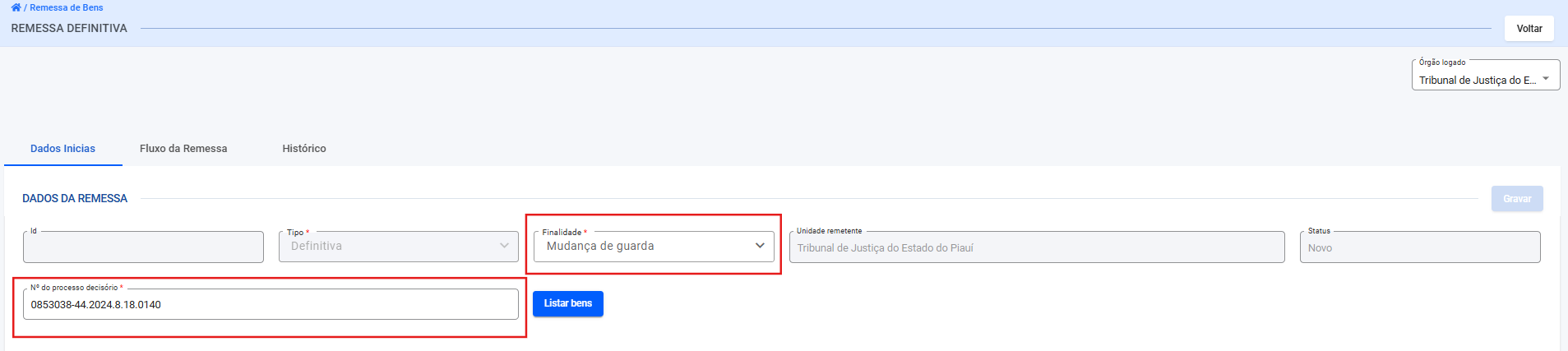 Figura 94 – Tela de preenchimento de dados no cadastro de remessas definitivas.