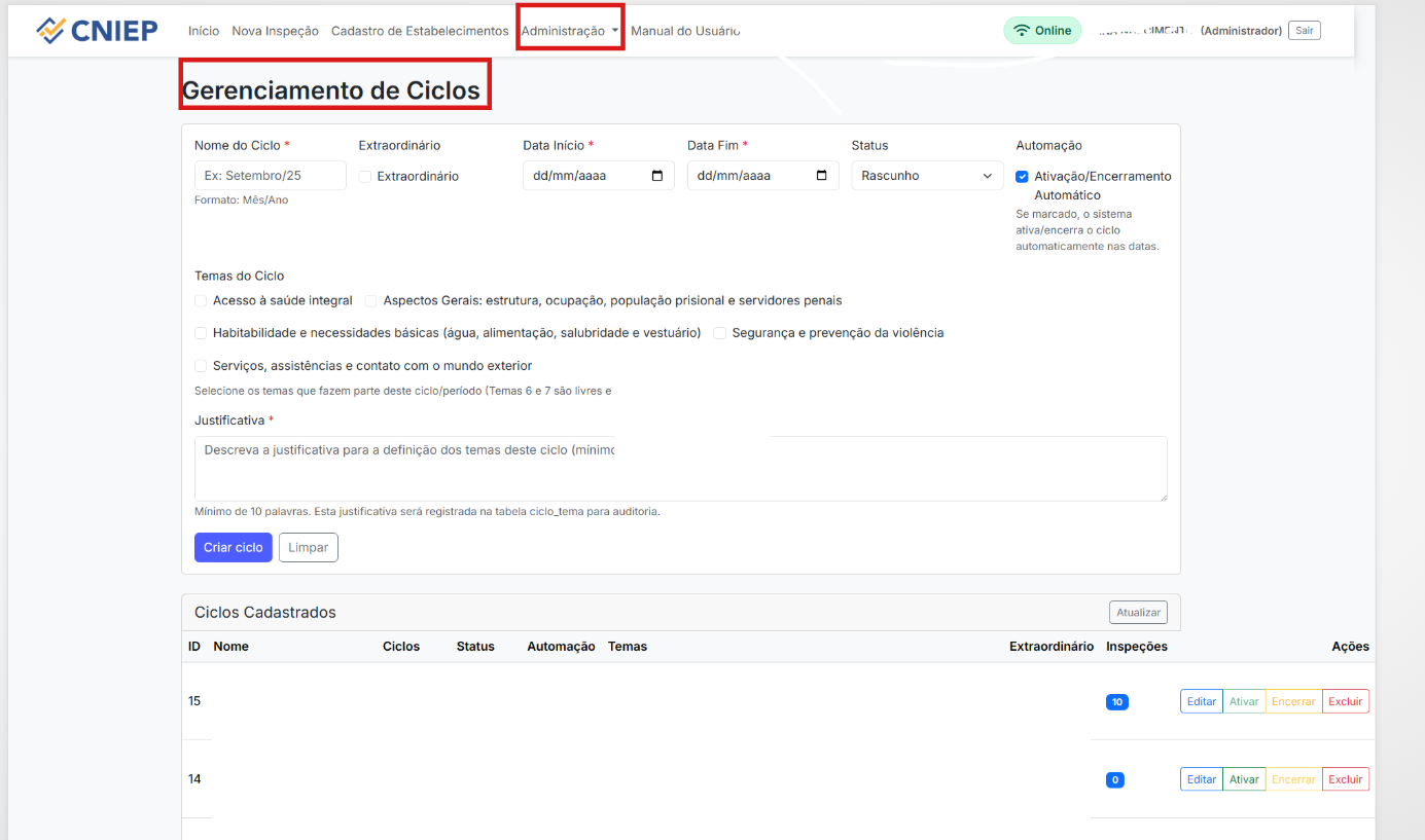 Tela de Gerenciamento de Ciclos