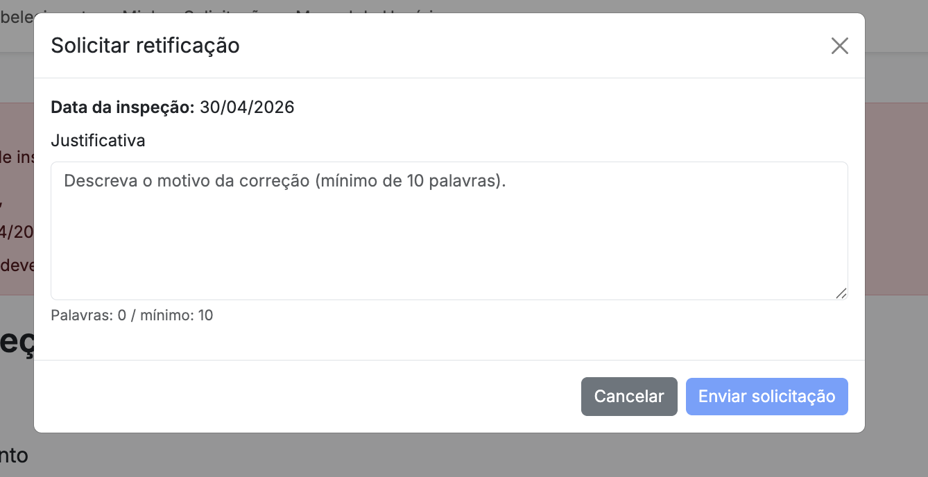 Tela de Solicitação de Retificação