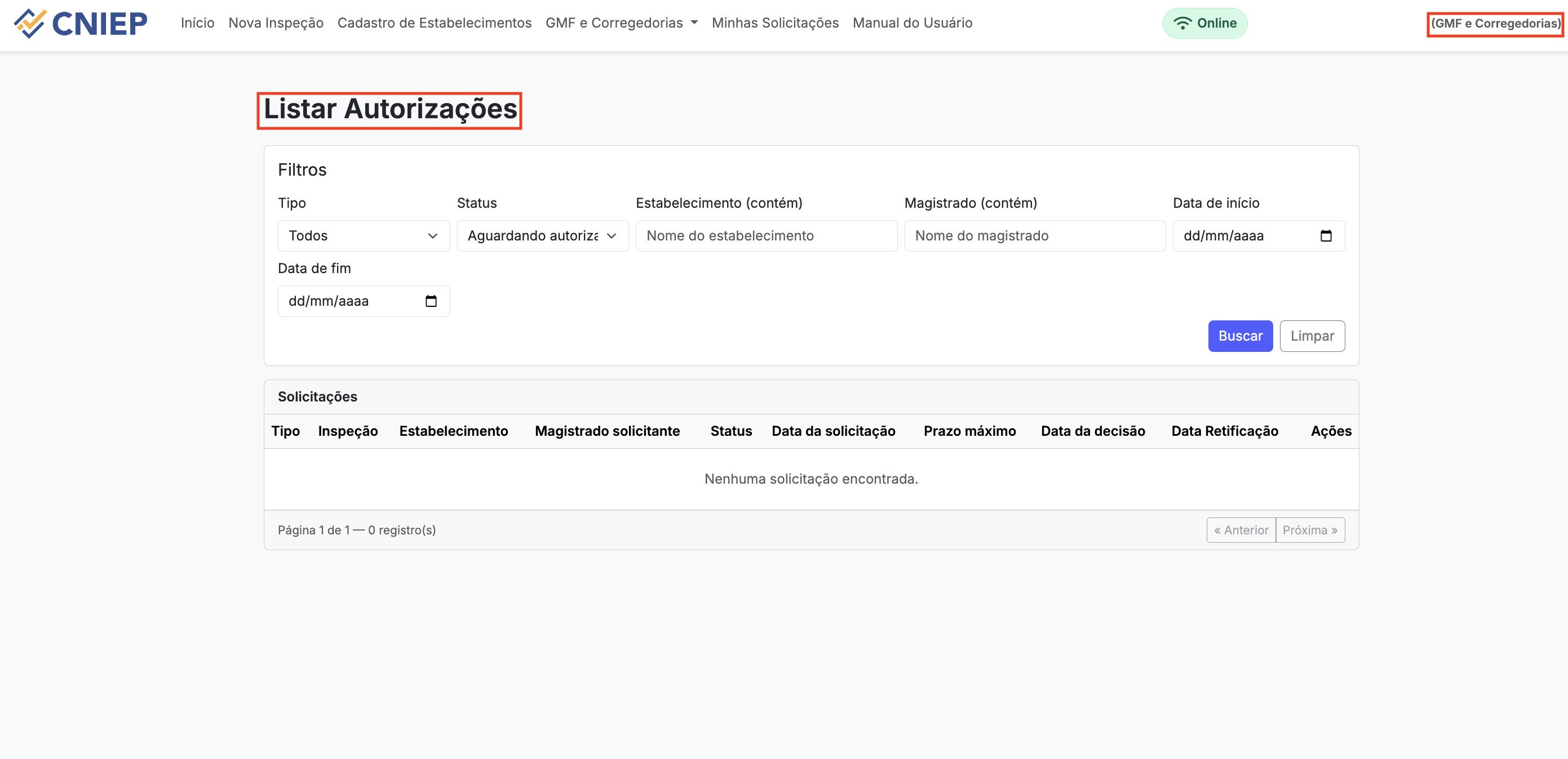 Painel com solicitação aguardando autorização