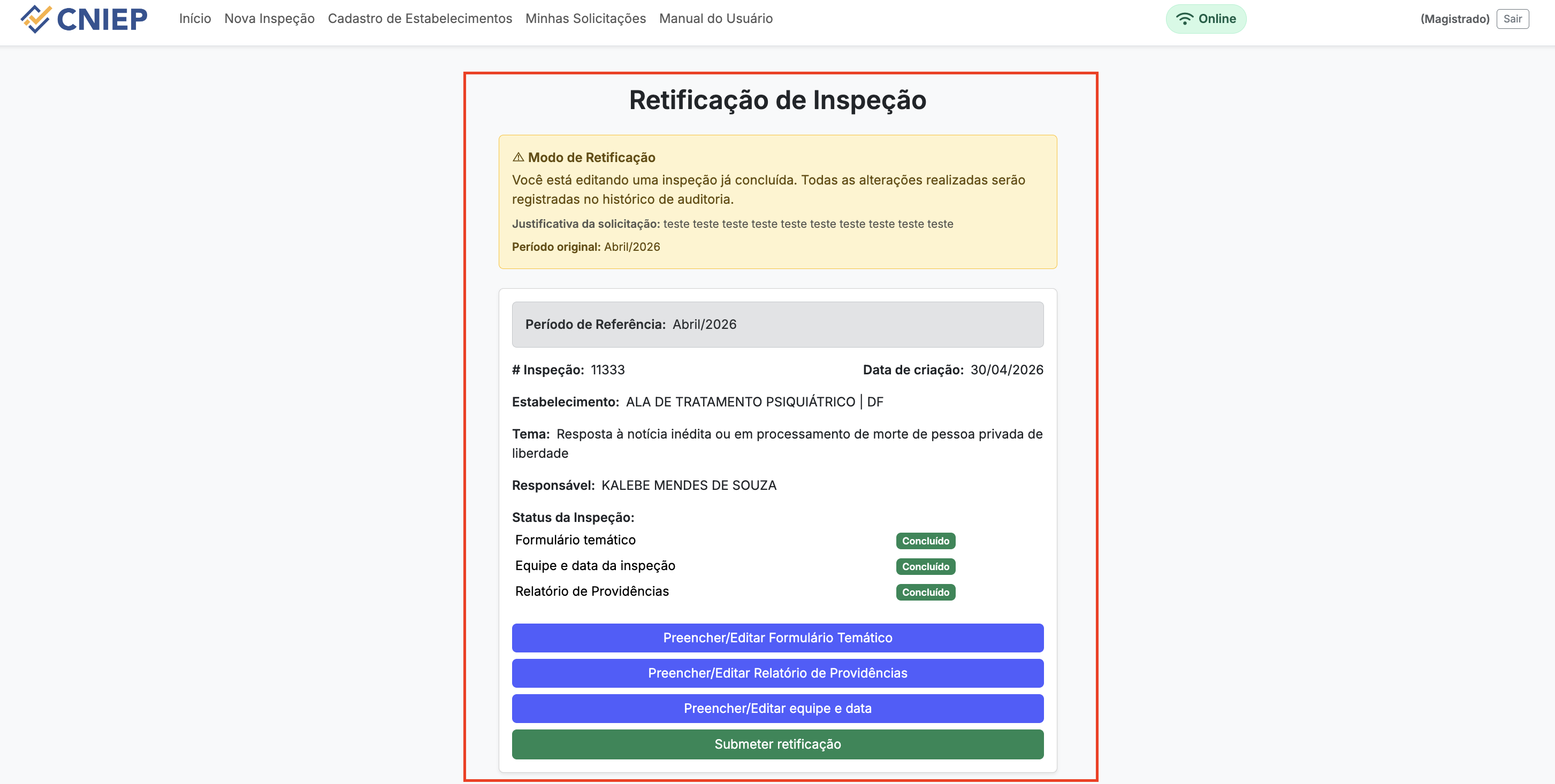 Tela de Retificação