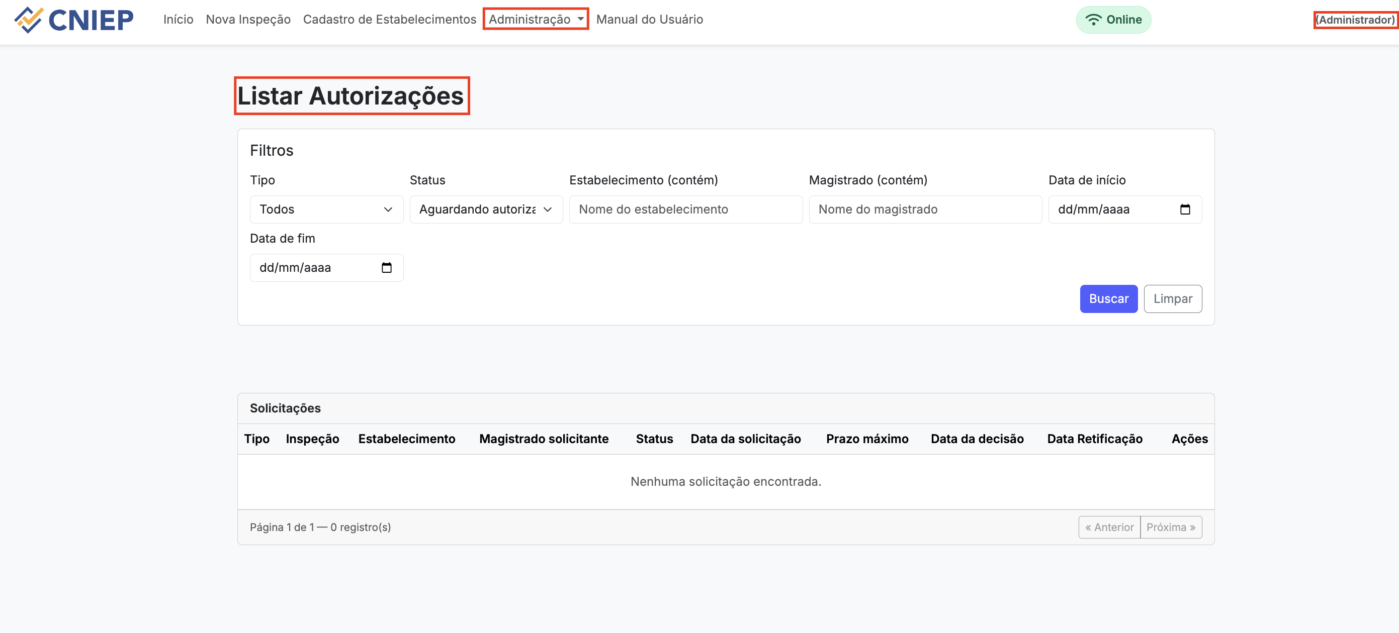 Painel com solicitação aguardando autorização