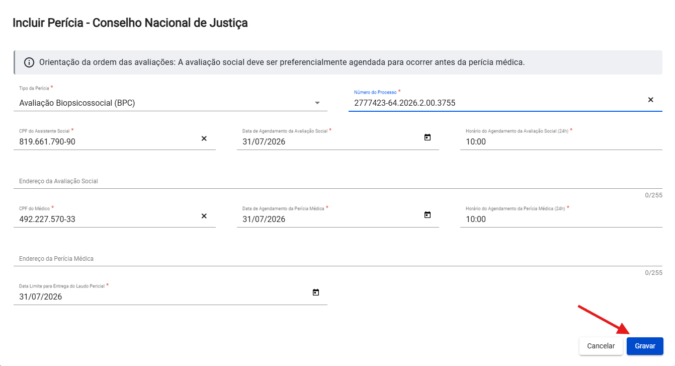 Confirmação de perícia gerada com sucesso