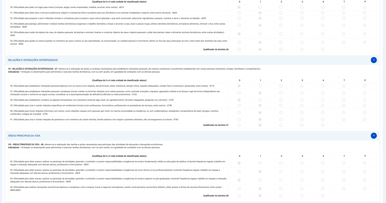 Aba Atividades e Participação, perfil Perito, parte 2