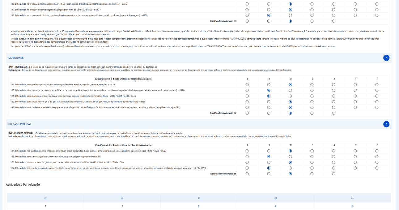 Aba Atividades e Participação, perfil Perito, parte 6