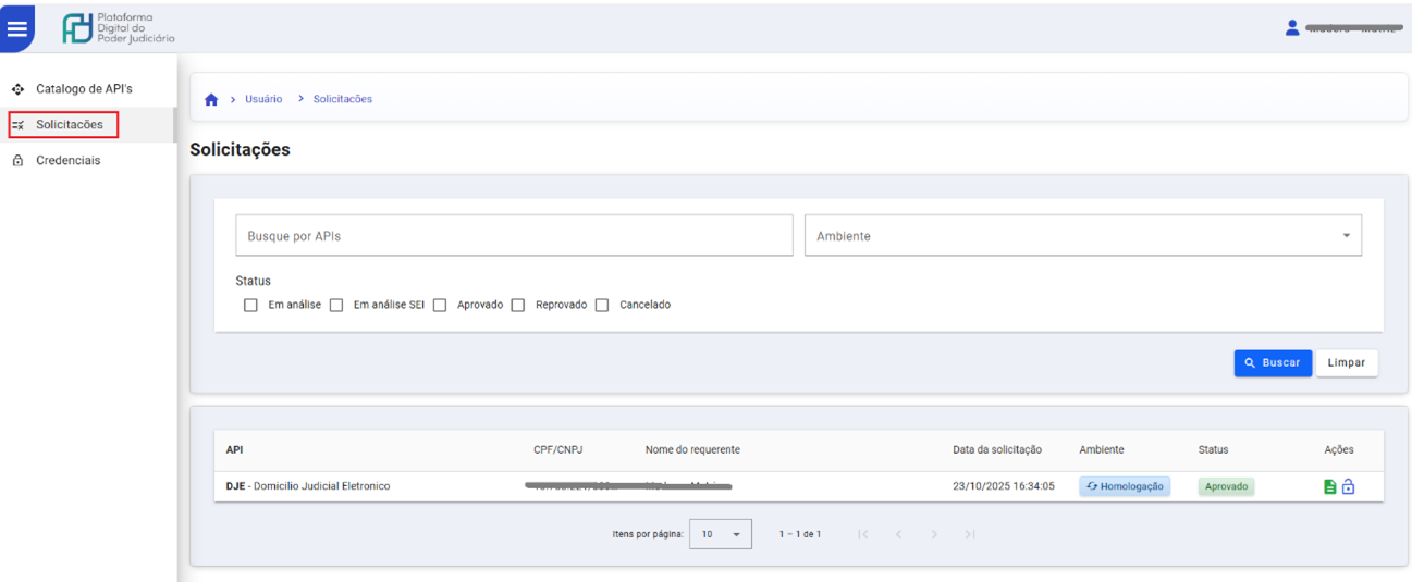 “Solicitações” no menu esquerdo do sistema;