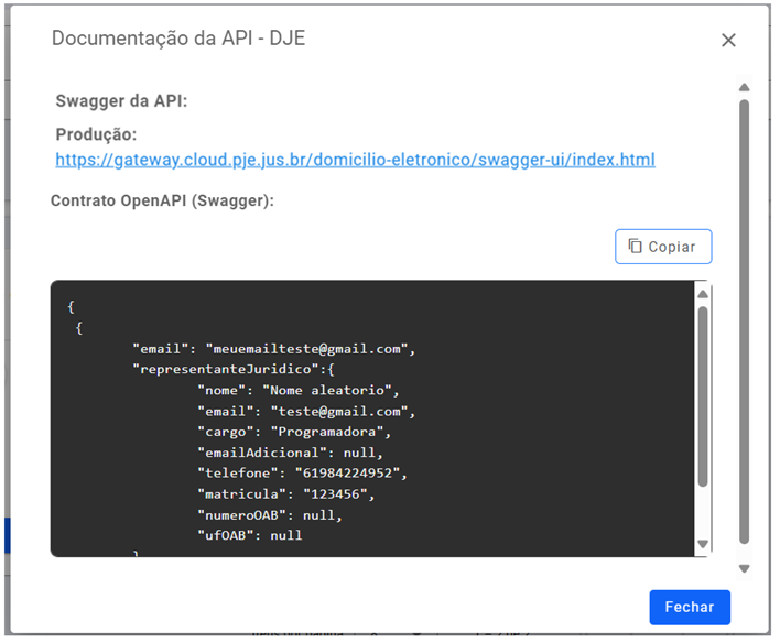 Ao se autenticar no ambiente de Produção será apresentado o link: