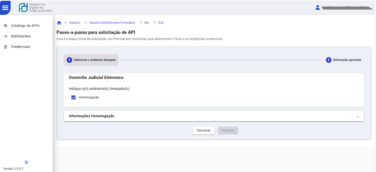 Ao acionar o botão “Solicitar”, o sistema apresentará a tela para a geração da API.