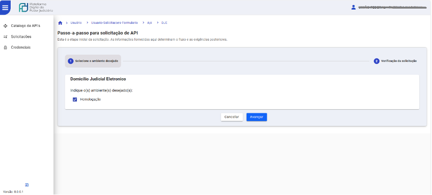 Ao acionar o botão “Solicitar”, o sistema apresentará a tela para a geração da API.