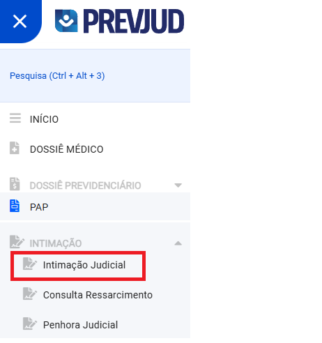 Menu lateral Intimação Judicial