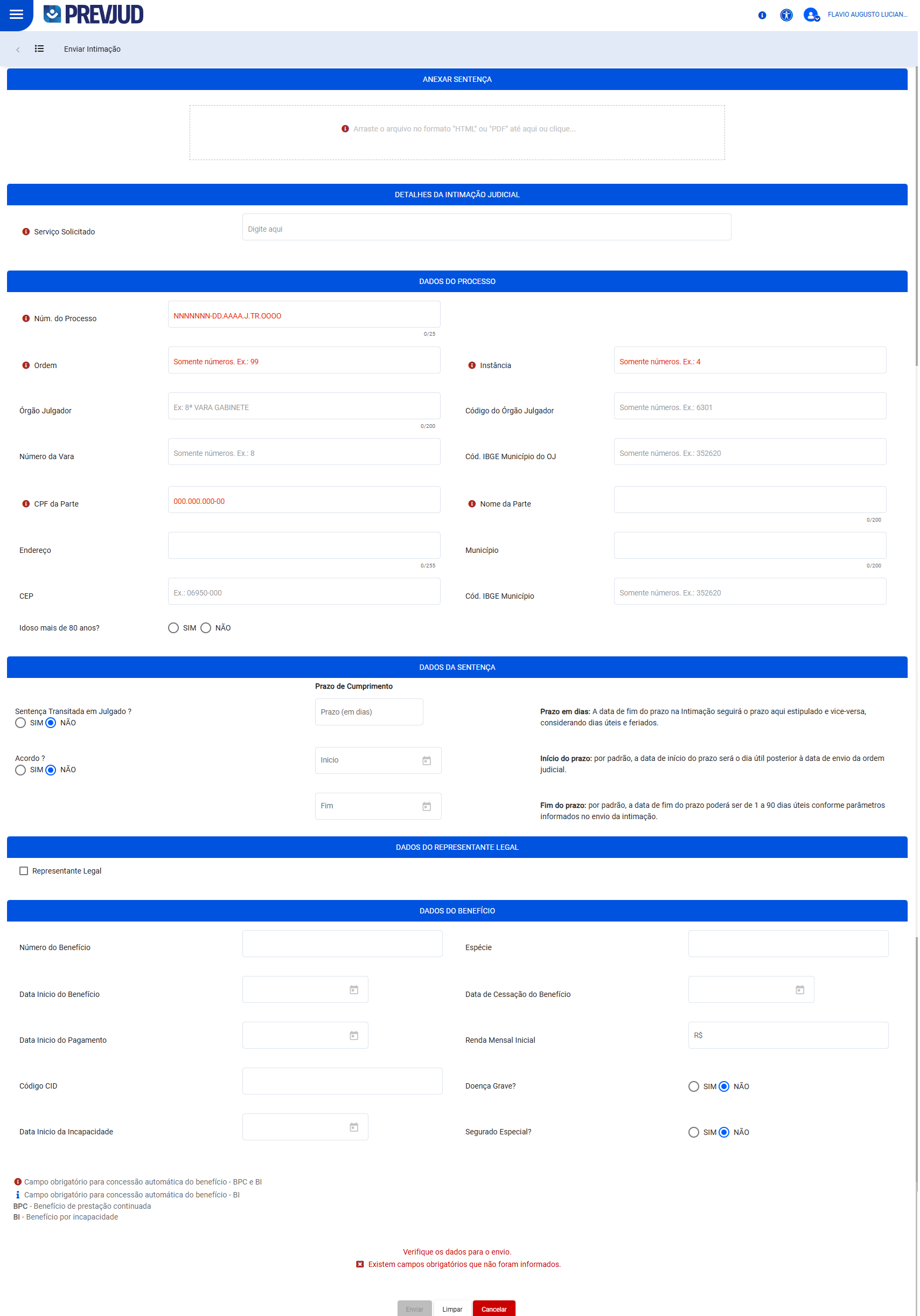 Formulário Enviar Intimação