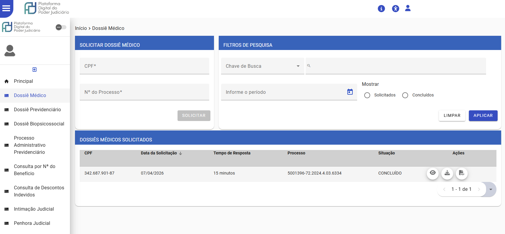 Página do Serviço de Dossiê Médico
