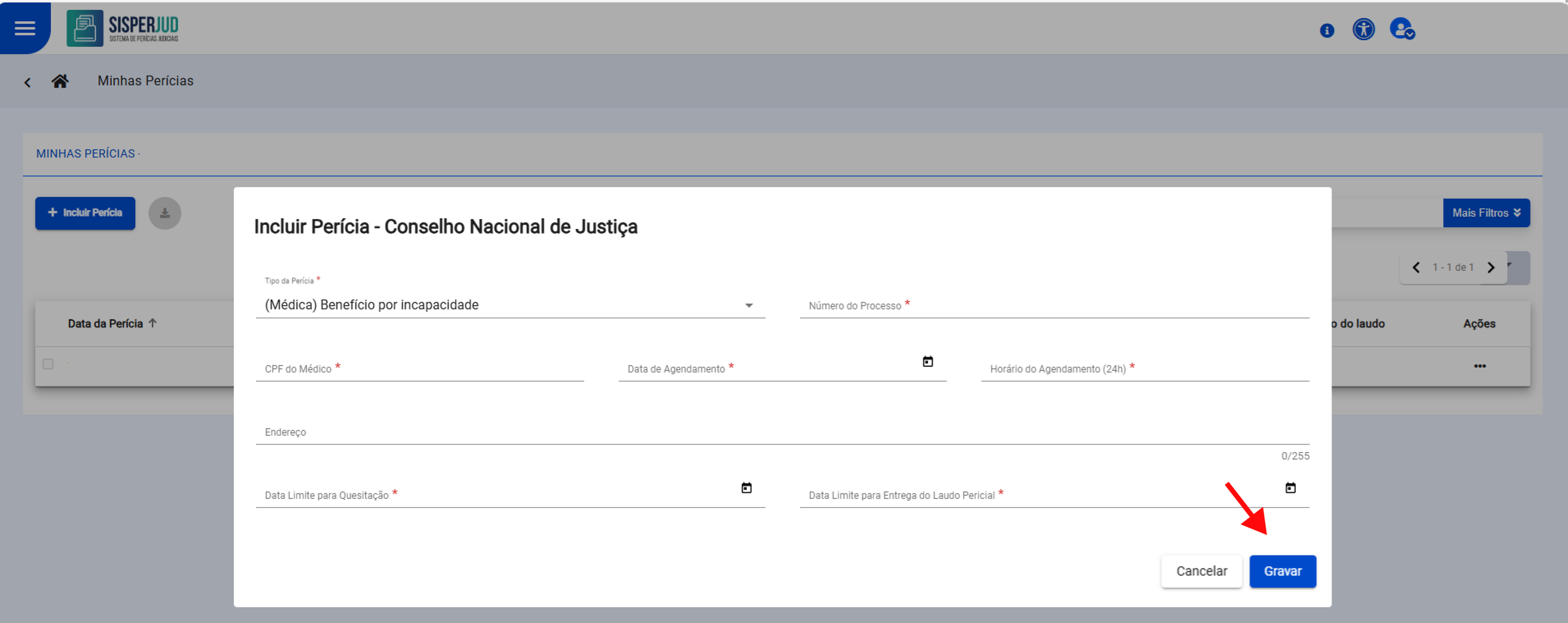 Selecionar o tipo de perícia