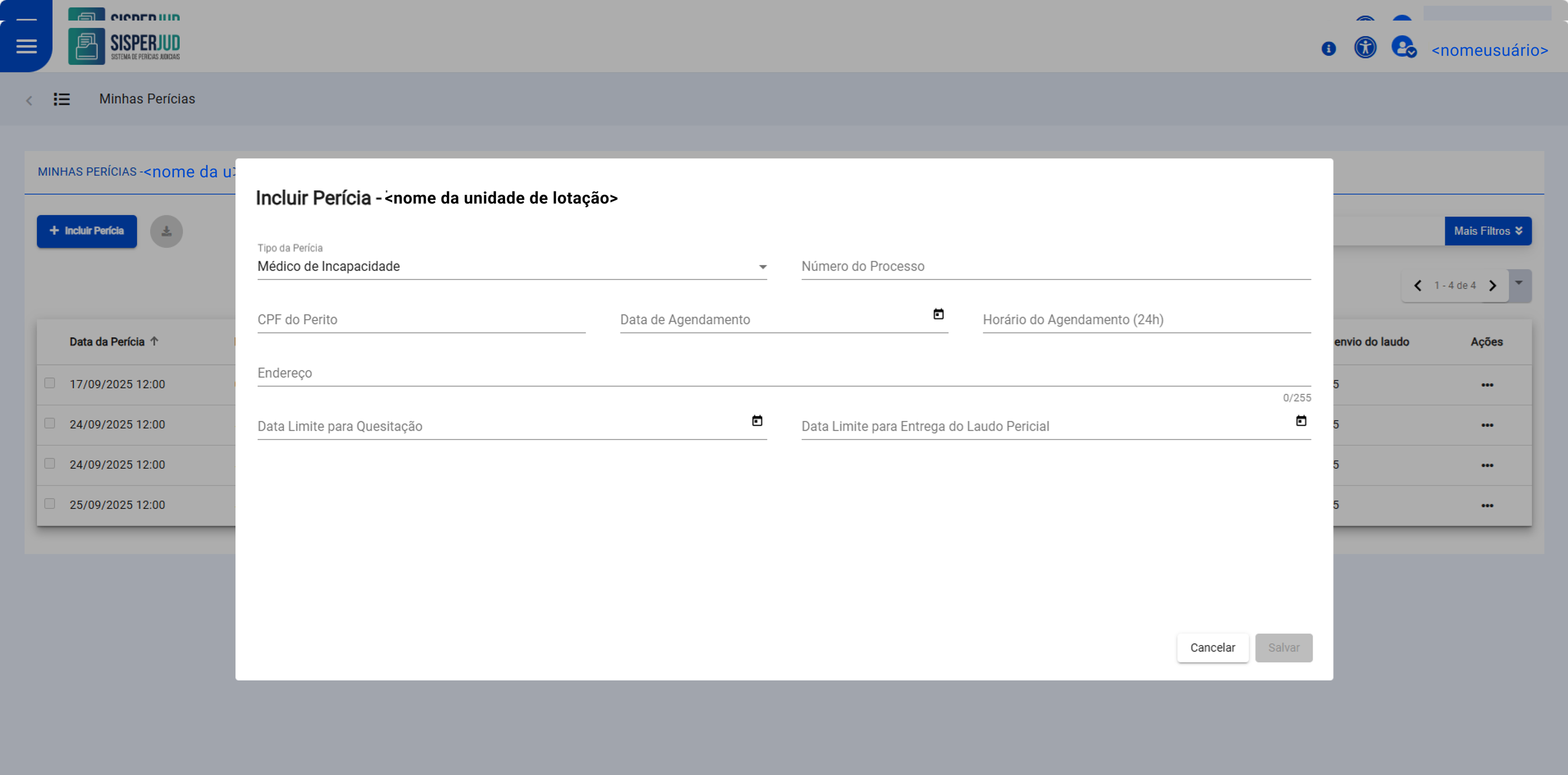 Selecionar o tipo de perícia