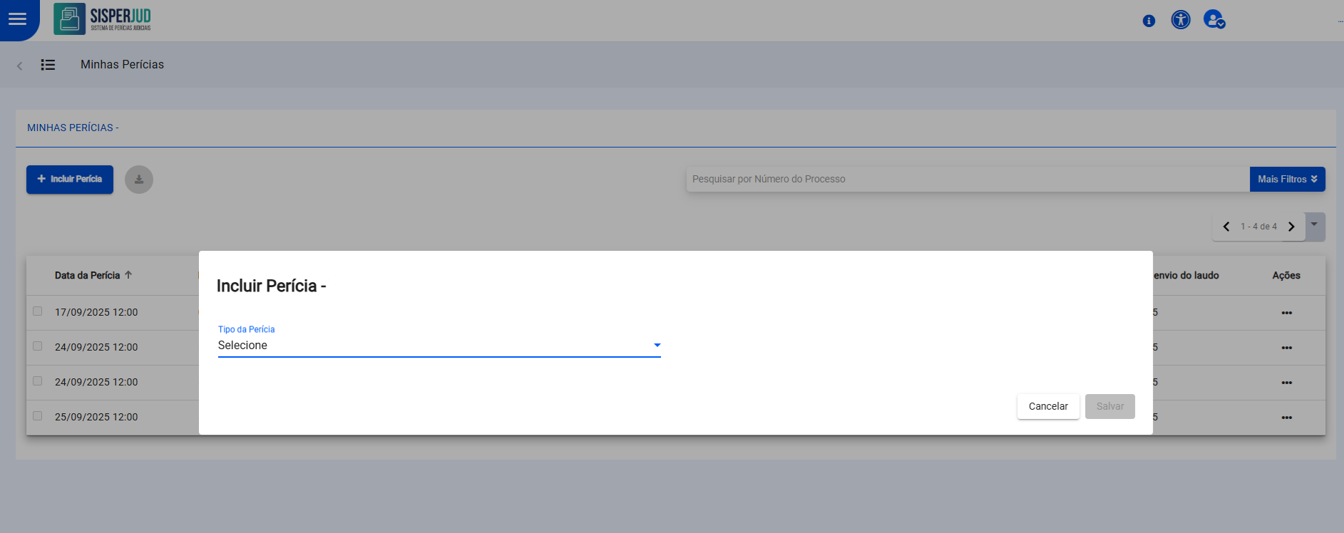 Selecionar o tipo de perícia