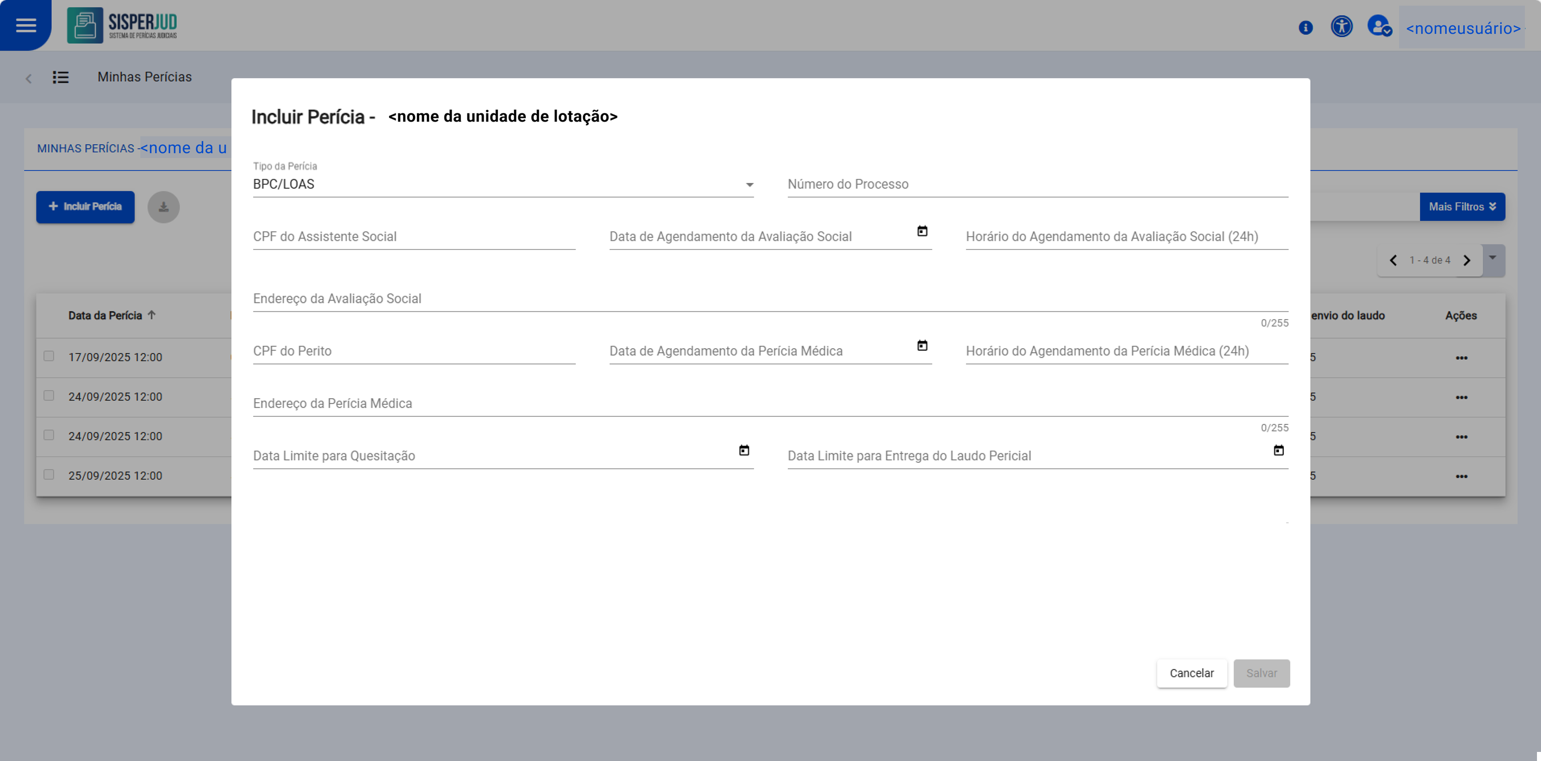 Selecionar o tipo de perícia