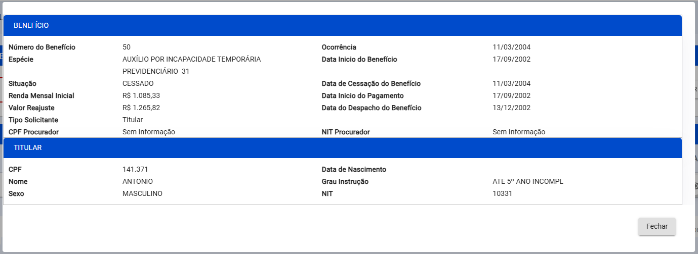 Visualização Benefício
