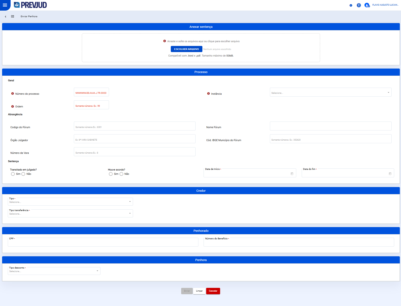 Formulário Enviar Penhora