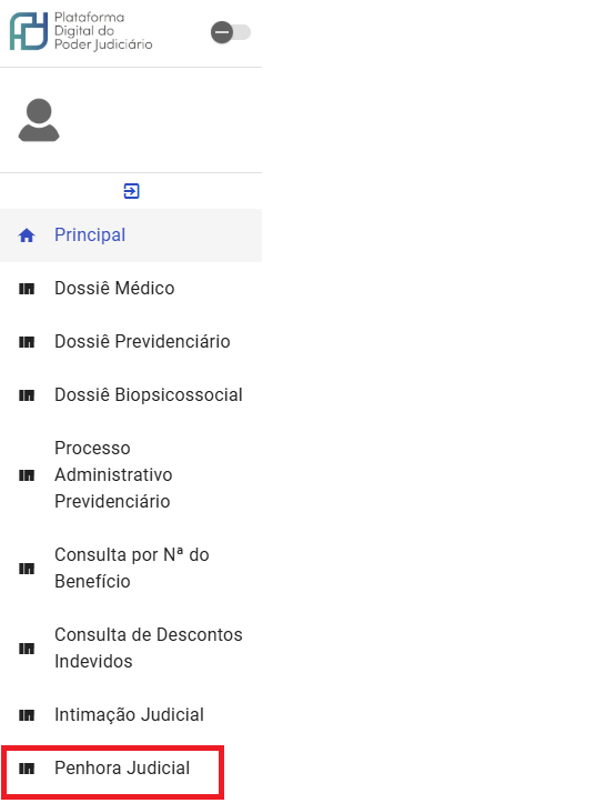 Menu lateral Penhora Judicial