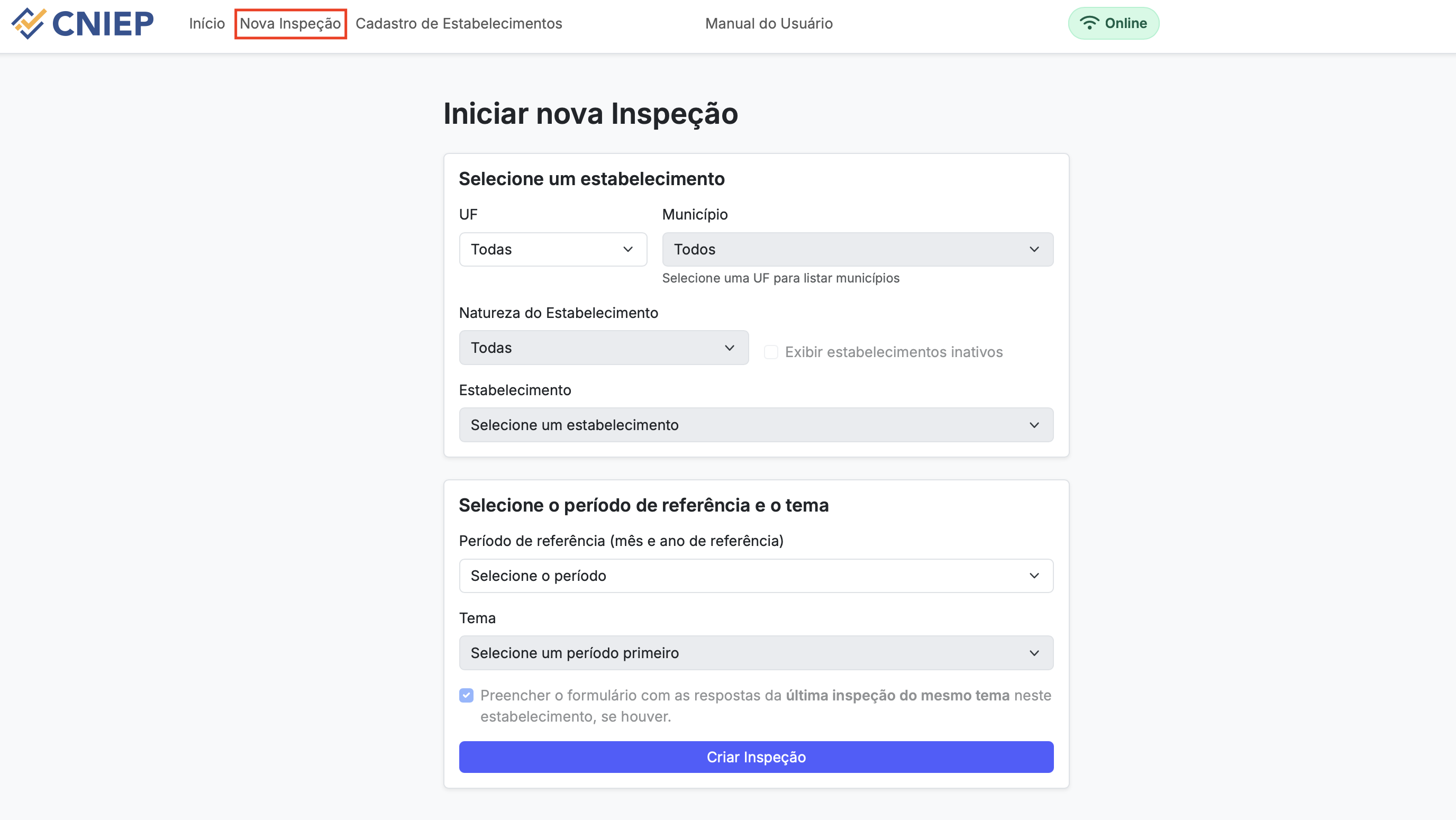 Tela de criação de nova inspeção