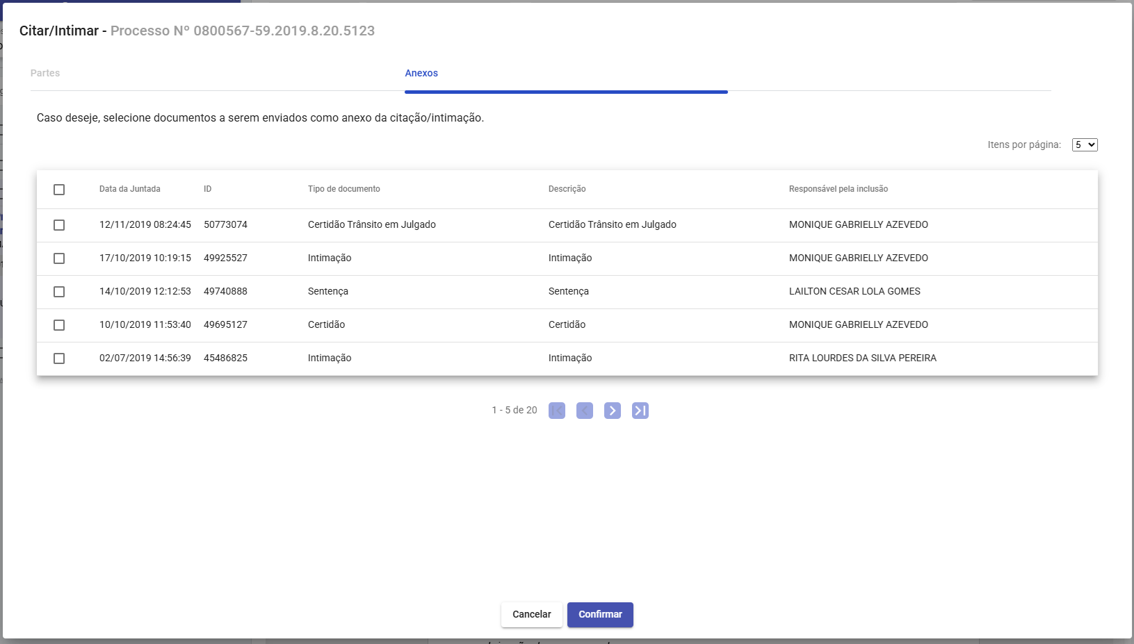 Modal Citar/Intimar - Anexos