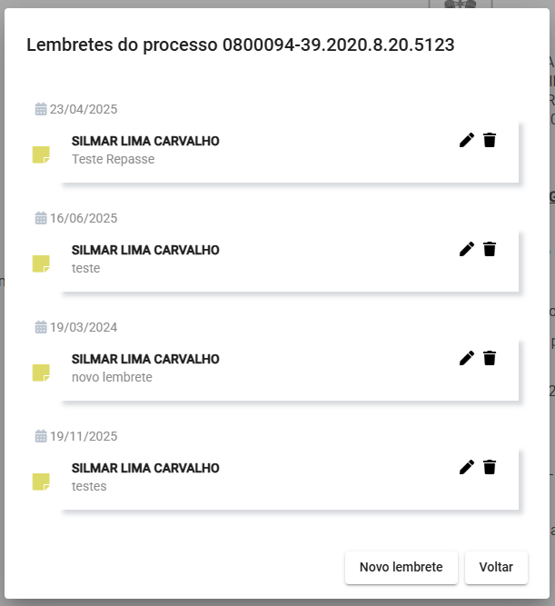Modal Lembretes do Processo