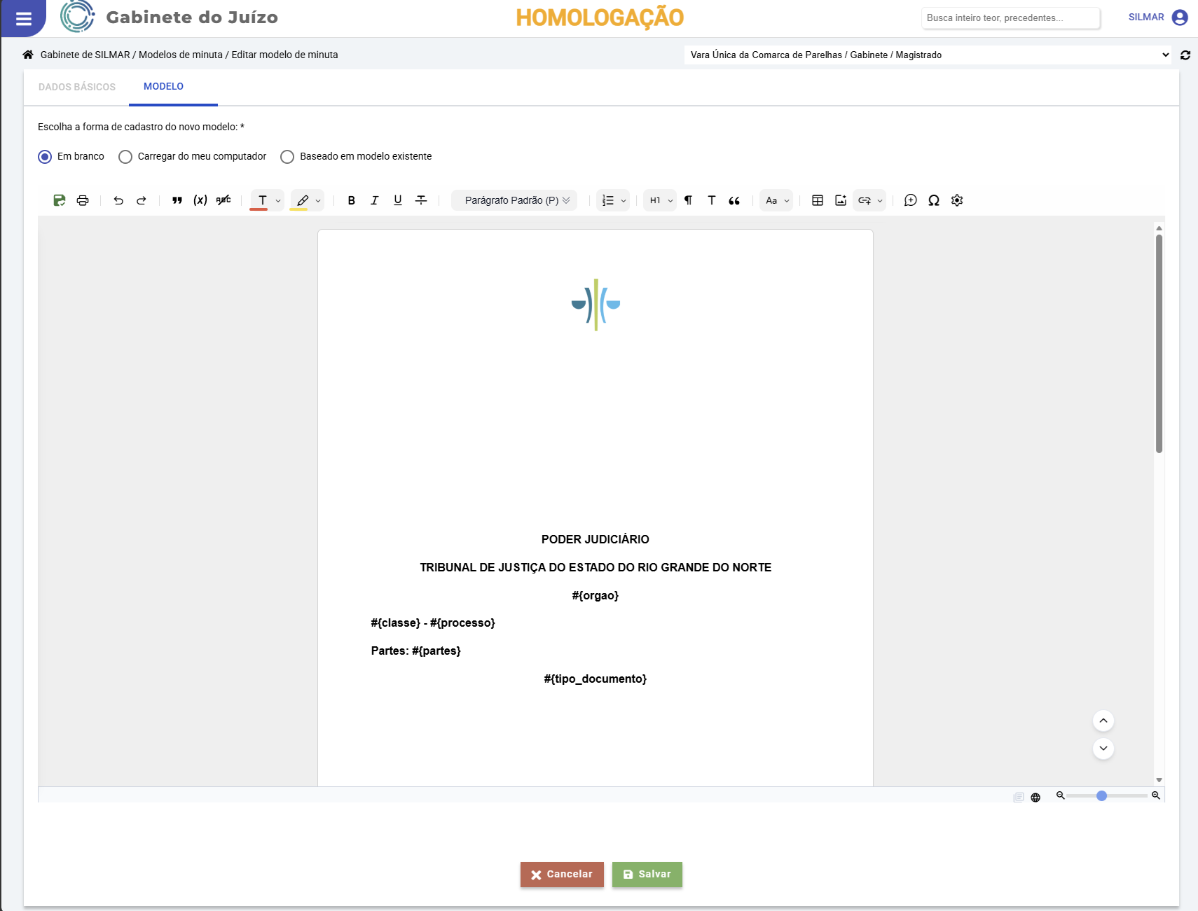 Novo Modelo - Editor