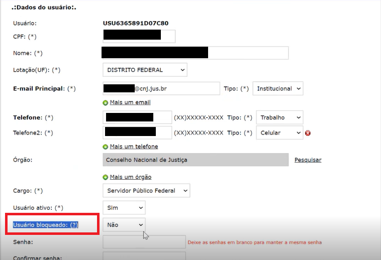 Tela de Configurações de usário - Sistema Corporativo