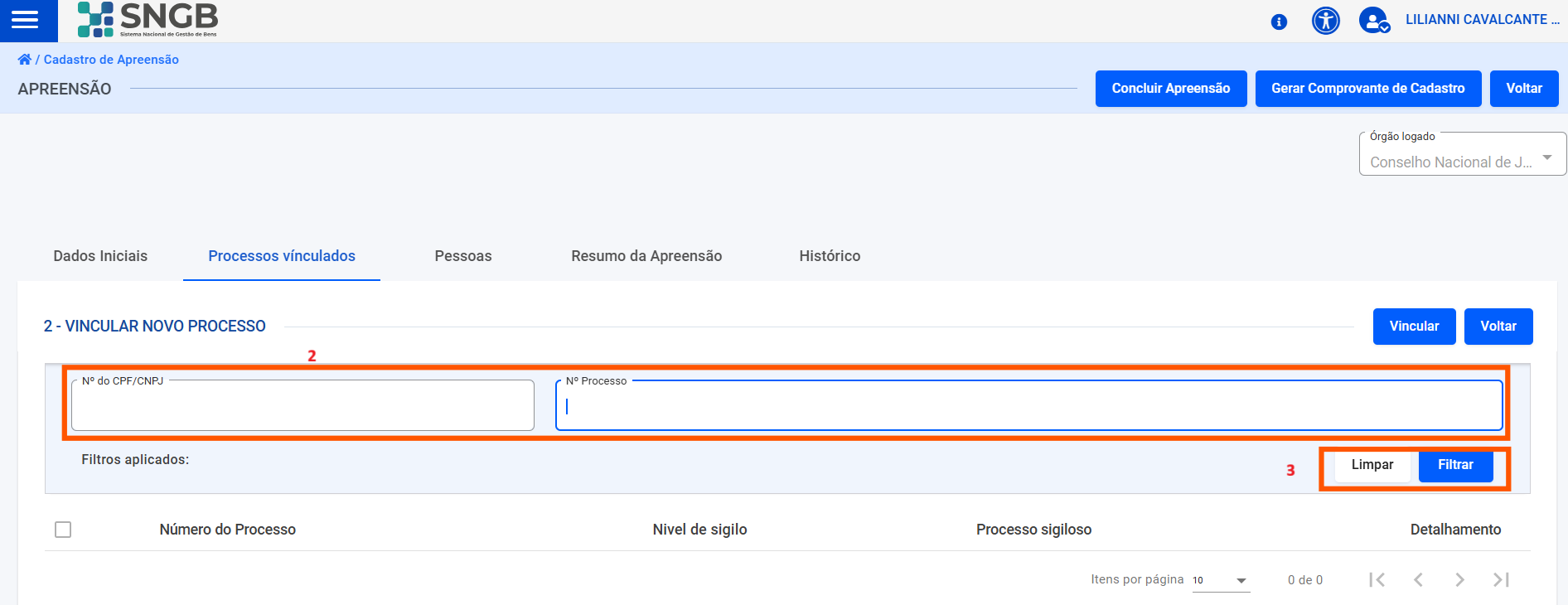 de processos na plataforma para vinculação com bem na Apreensão