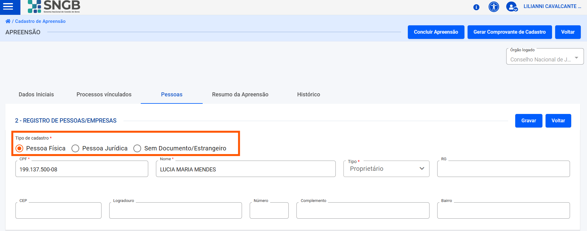 Tela de cadastro de pessoas relacionadas à Apreensão