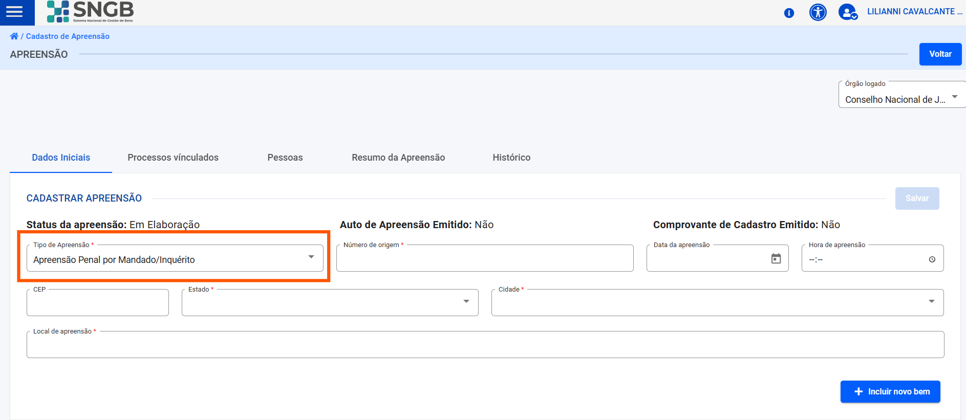Tela de cadastro de Apreensão