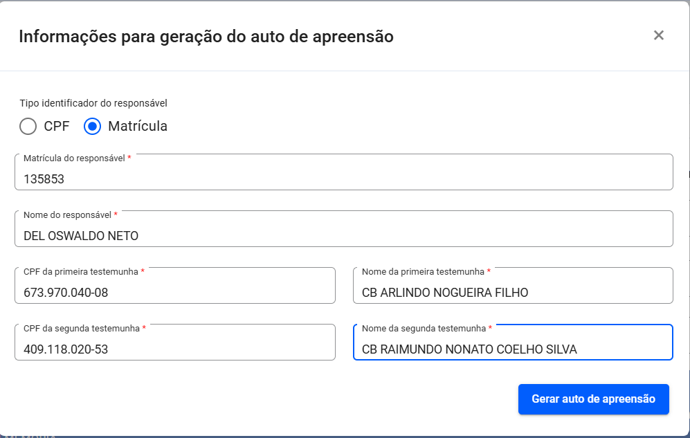 Tela para Gerar Auto de Apreensão