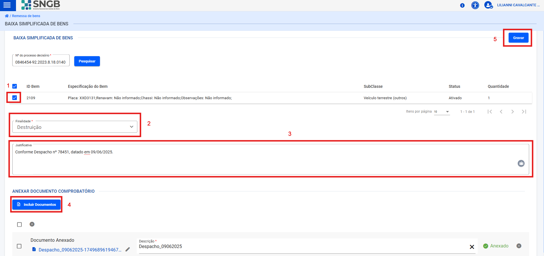 Tela de Baixa Simplificada de Bens