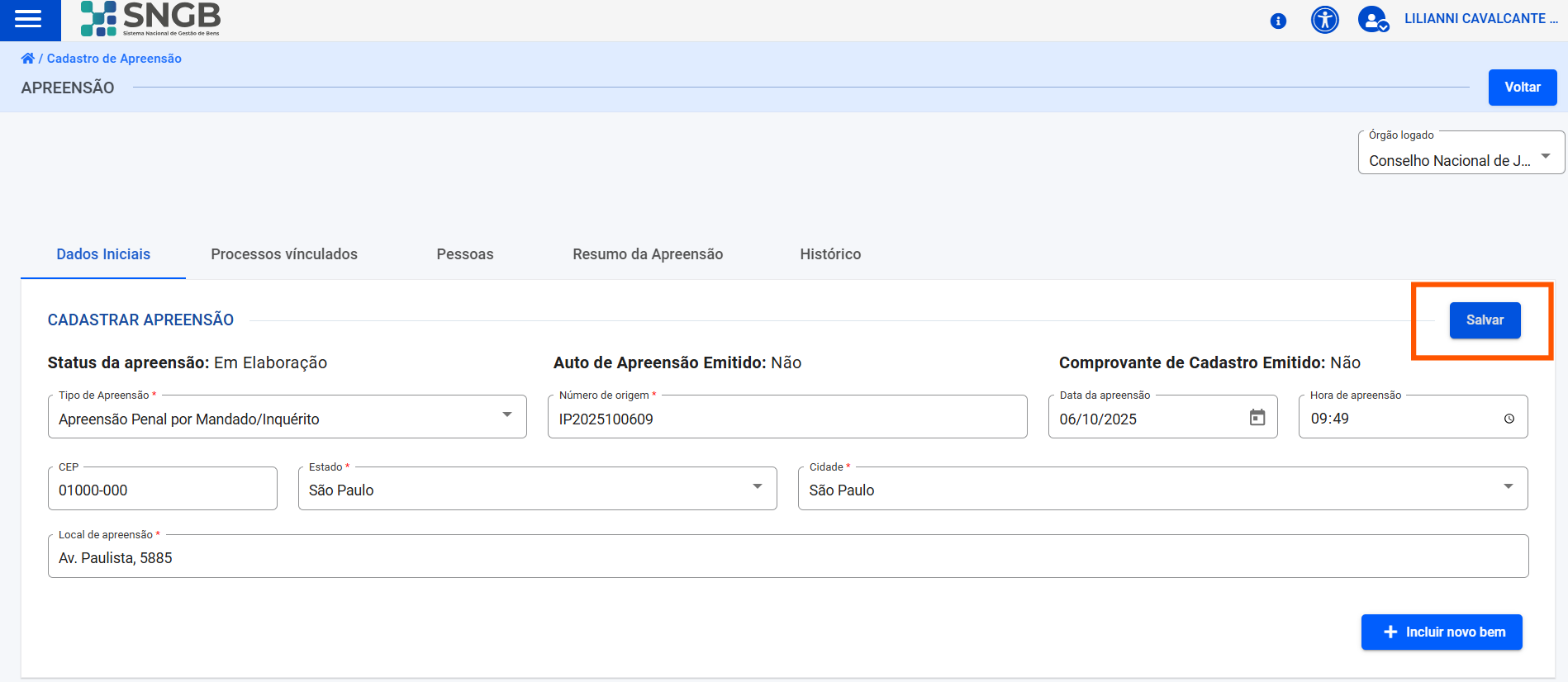 Tela cadastramento de Apreensão dados básicos.