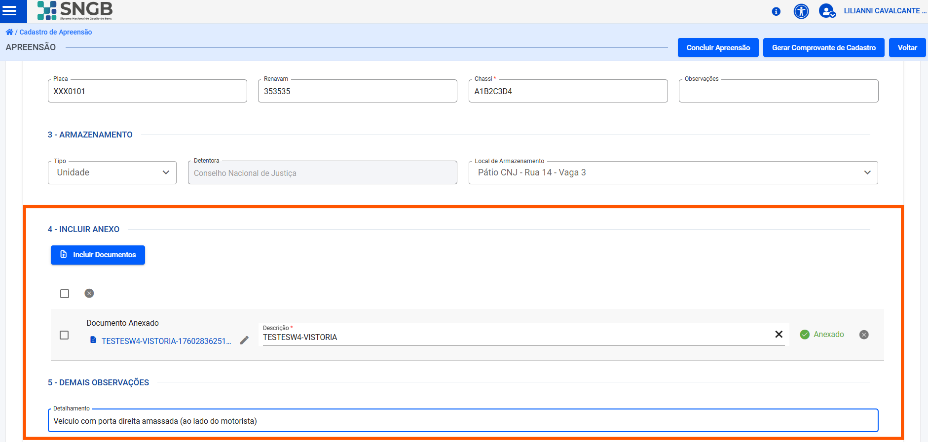 Tela de cadastro Anexo do bem e Demais Observações