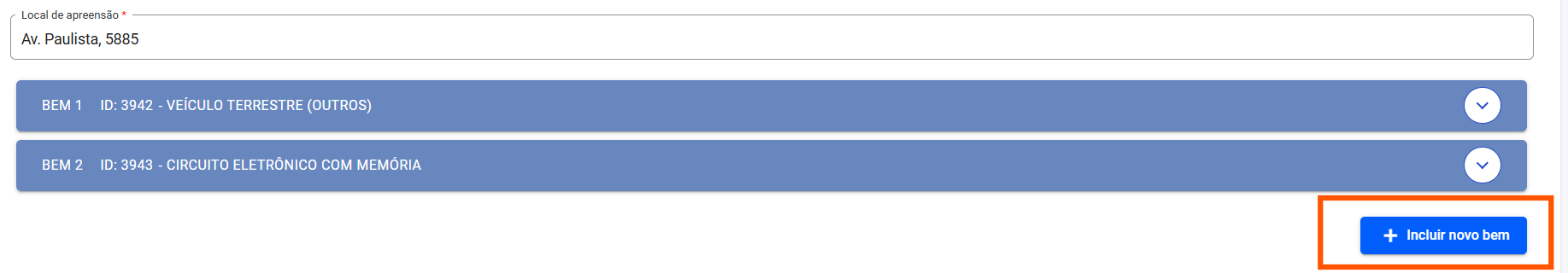 Tela de gravar bem na Apreensão e incluir mais bens.