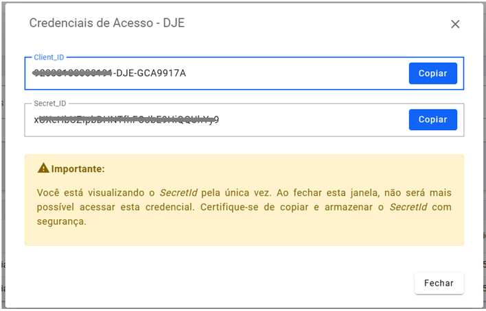 o sistema apresentará tela com o client e secret.