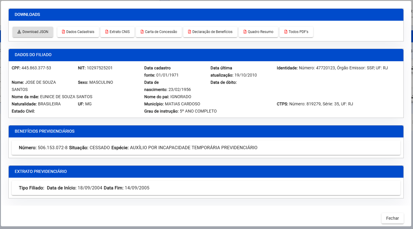 Visualização Dossiê Previdenciário