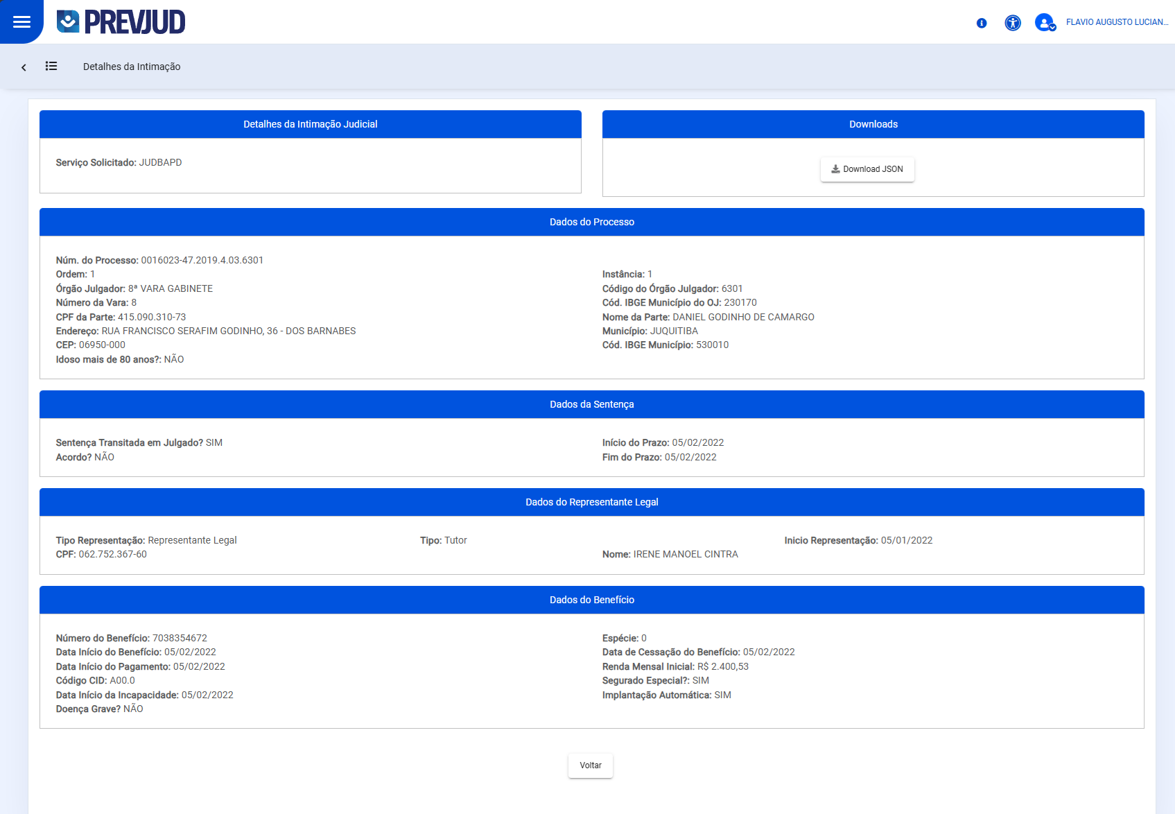Visualização Intimação Judicial