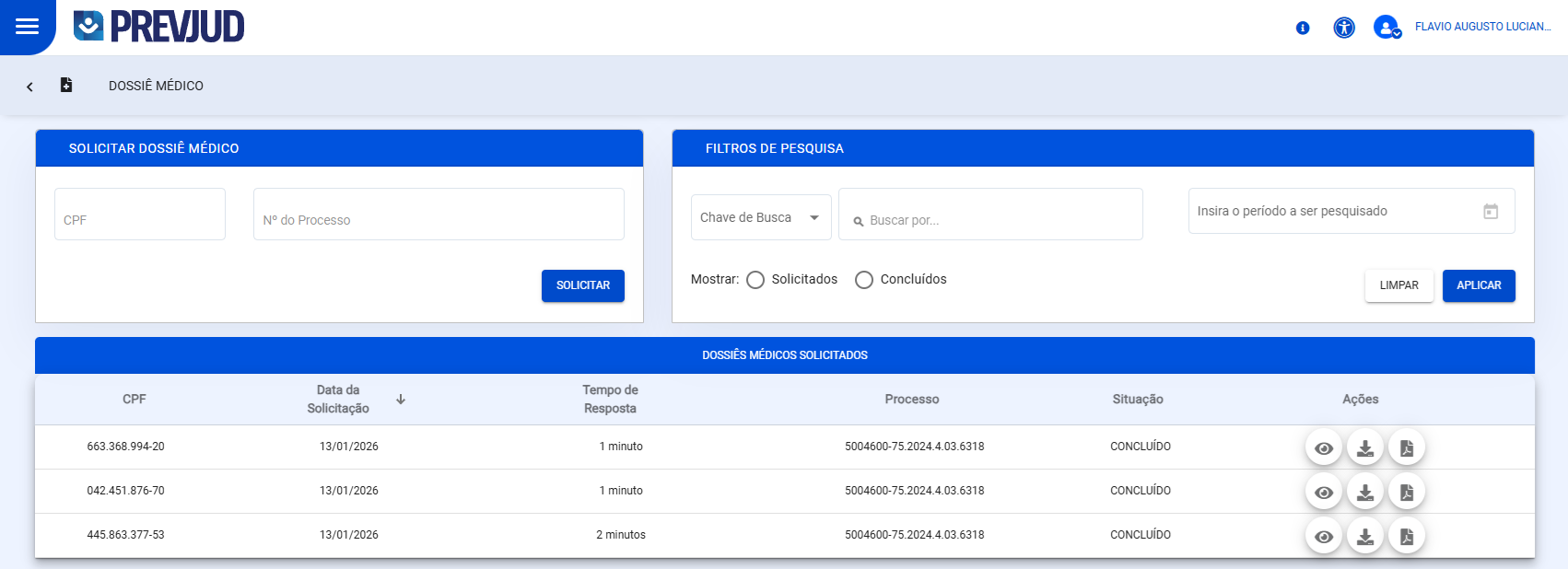 Página do Serviço de Dossiê Médico